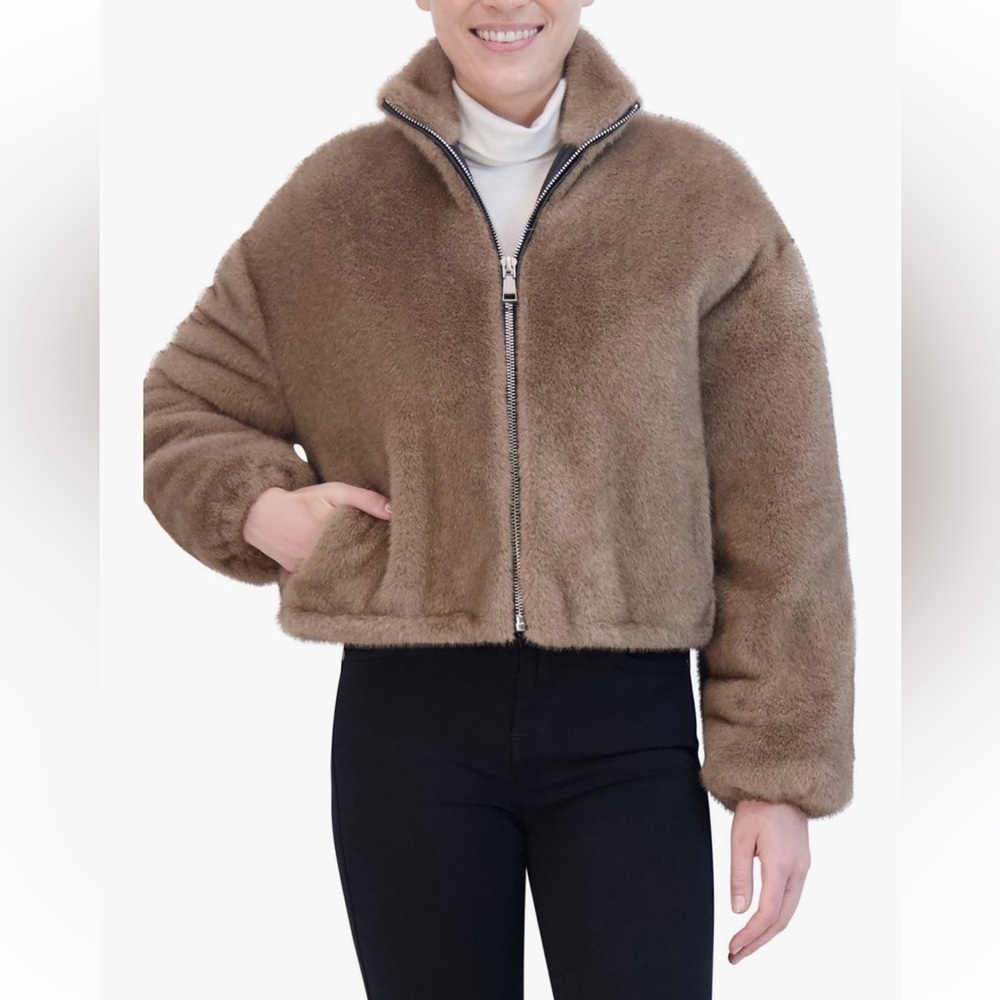 NWT Rebecca Minkoff Faux Fur Crop Jacket size large taupe color